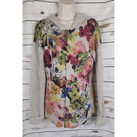 Anthropologie Moth Hothouse Floral Sweater Hoodie Cardigan M 100% Wool Full Zip - Picture 1 of 6